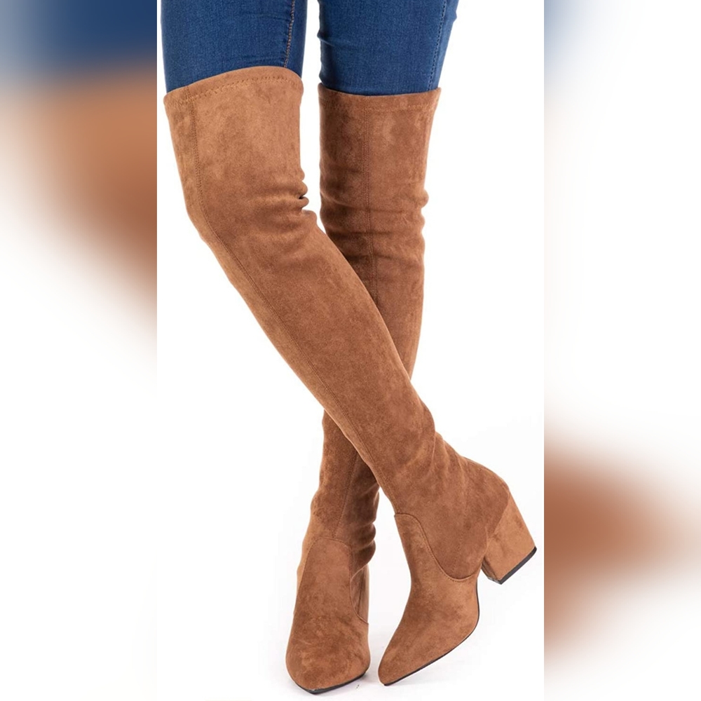 Mtzyoa Thigh High Block Heel Boot Women Pointed Toe Stretch Over The Knee Boots